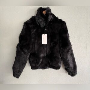 Women’s Authentic Rabbit Fur Bomber Jacket in Black Removable Hood Full Zip